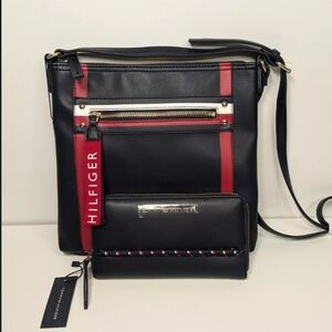 New Tommy Hilfiger Faux Leather Zip Top Crossbody Purse Bag W/ Wallet Lot Of 2